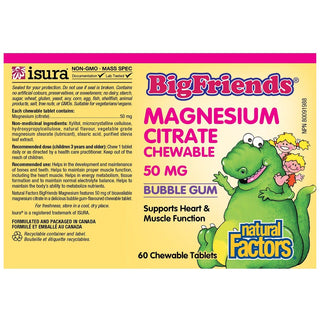 Natural Factors Big Friends Magnesium Citrate Bubble Gum 50mg 60 Chewable Tablets