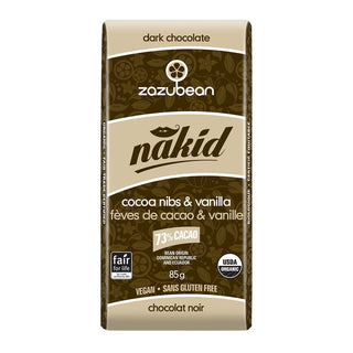 Zazubean Organic Dark Chocolate Nakid Bar Cocoa Nibs & Vanilla 85g