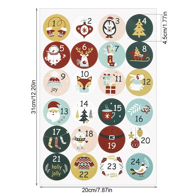 Christmas countdown calendar stickers with numbers 1-24 for gift packing and decoration.