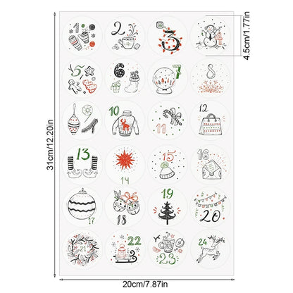Christmas countdown calendar stickers with numbers 1-24 for gift packing and decoration.