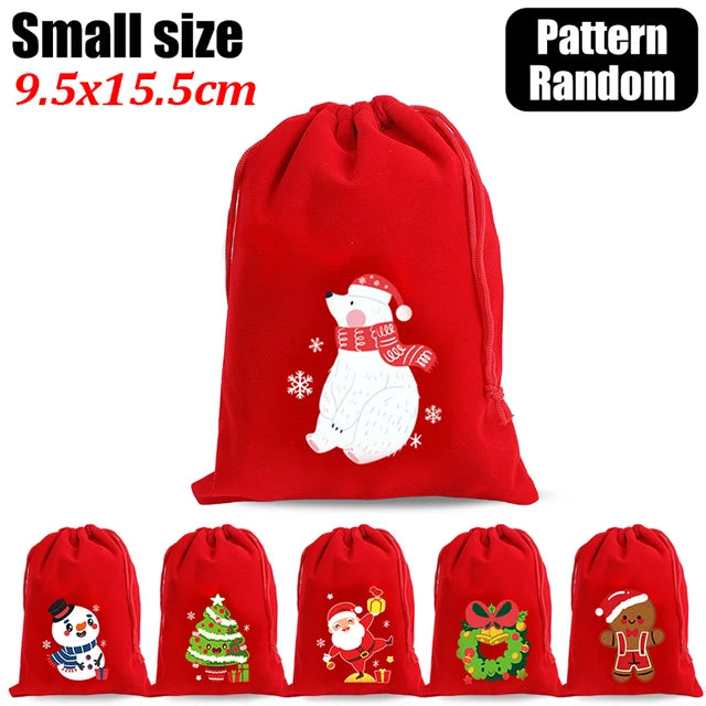 Merry Christmas Velvet Bags - Velvet drawstring pouches for candy and snacks, perfect for Xmas gifts, bracelets, and jewelry storage. 10-1pcs pack.