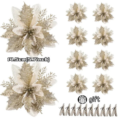 14.5cm Glitter Artificial Christmas Flowers - Xmas Tree Decorations
