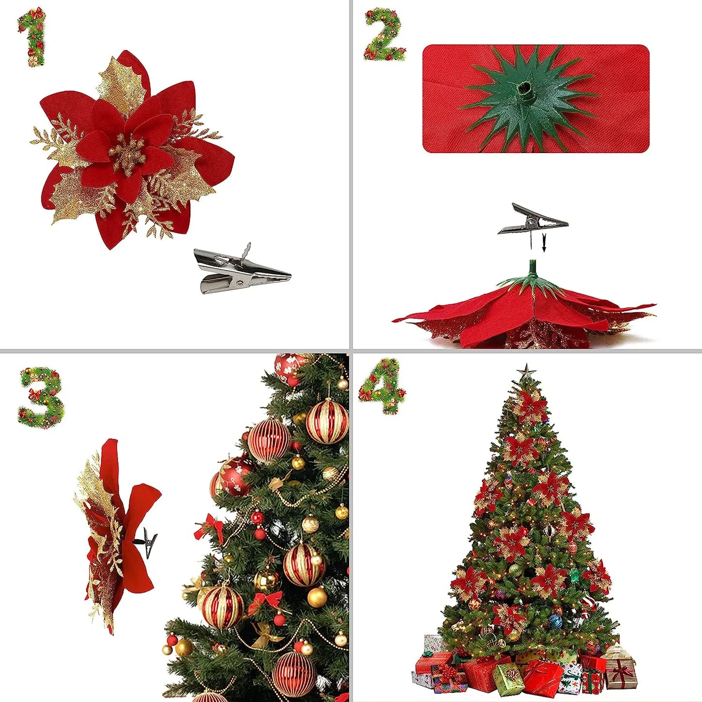 14.5cm Glitter Artificial Christmas Flowers - Xmas Tree Decorations