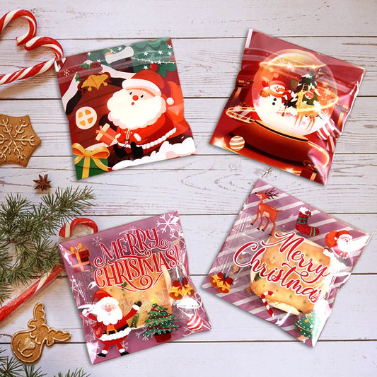 100pcs Christmas Cellophane Gift Bags, Transparent Santa Self-Adhesive Candy Pouch