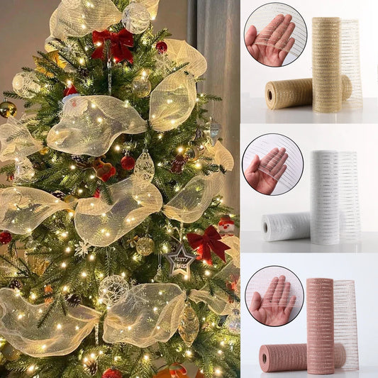 "10 Yards Christmas Tree Gauze Mesh Tulle Roll - Gold/Silver - DIY Xmas Tree Ribbon Decoration Gift Wrapping"