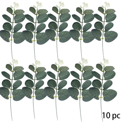 10pcs Artificial Eucalyptus Leaves with Green Stems - Wedding Faux Fake Flowers for DIY Cake Decor