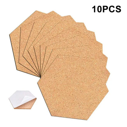 10pcs Hexagon Cork Mat Coasters, Adhesive Backed, Wood Kitchen Table Decoration Accessories Parts