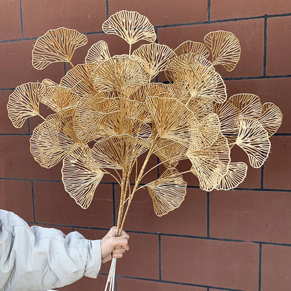 Gold Ginkgo Eucalyptus Holly Three-Pronged Fan Leaf Netting for Wedding Arch Flower Arrangement, Home Decor, and Crafts