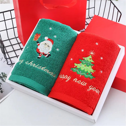Christmas Tree Santa Embroidery Microfiber Towel Set - Absorbent Coral Fleece Bath and Face Towels - Xmas Gift