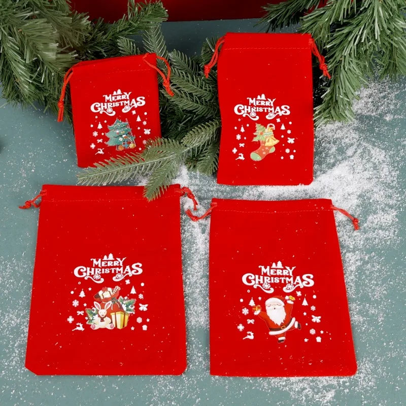 Red Christmas Velvet Bags Drawstring Pouch for Xmas New Year Party Candy Snack Gift, Bracelet, and Jewelry Packaging