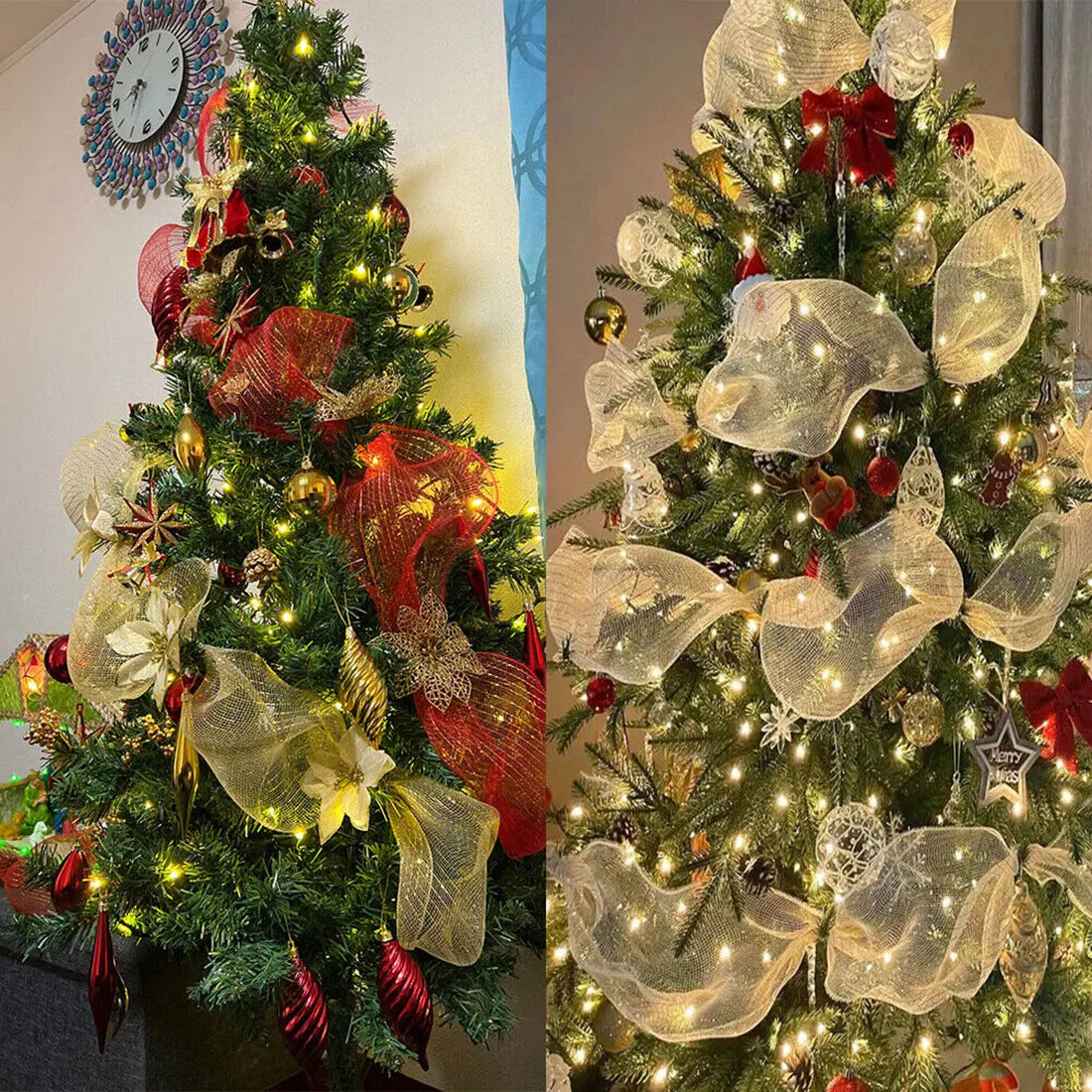 Gold and White DIY Xmas Tree Glitter Mesh Silk Ribbon Decorations - Wedding Navidad Christmas Decorations for Home 2024