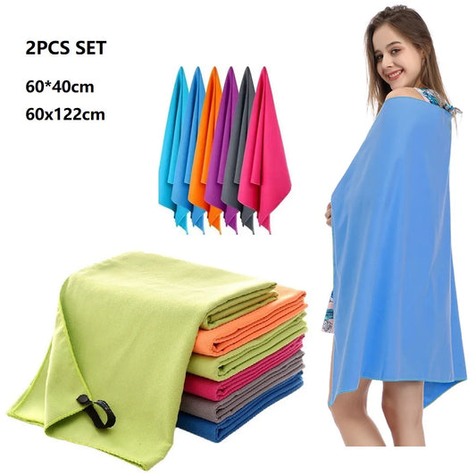 2PC Set Solid Microfiber Gym Towel Fast Drying Super Absorbent (24*16in + 24*48in)