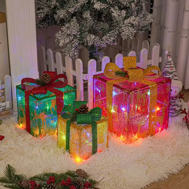 Christmas Glowing Gift Box Decoration Set with Bow - Outdoor Xmas Lighting Ornament