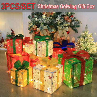 Christmas Glowing Gift Box Decoration Set with Bow - Outdoor Xmas Lighting Ornament
