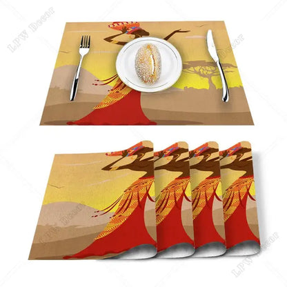 Africanwoman Giraffe Silhouette Printed Table Mats Set - Kitchen Accessories, Home party Decor