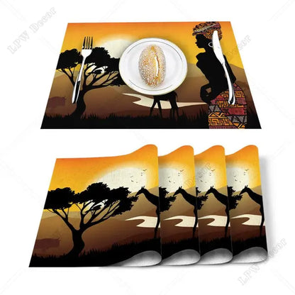 Africanwoman Giraffe Silhouette Printed Table Mats Set - Kitchen Accessories, Home party Decor