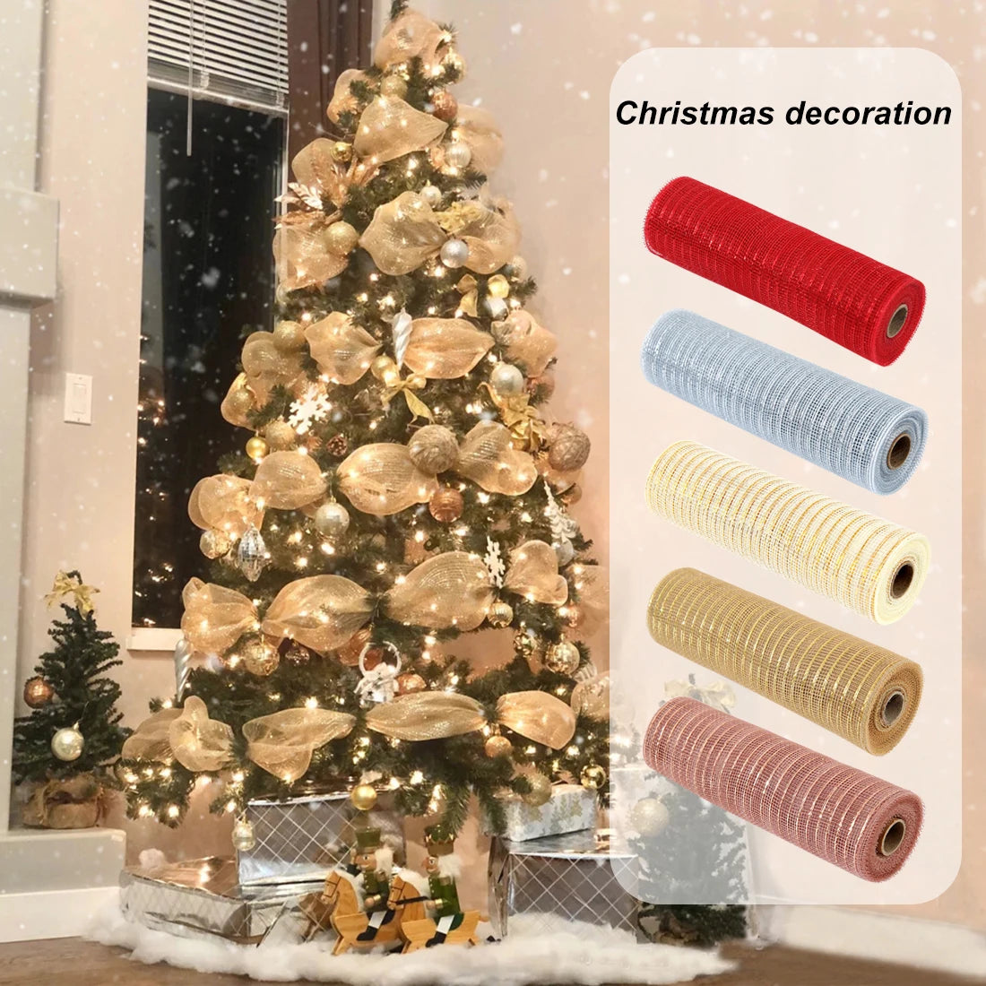 Gold and White DIY Christmas Tree Glitter Mesh Silk Ribbon Decorations - Perfect for Wedding, Navidad, Christmas Home Party Decor - 5 Colors - 2024
