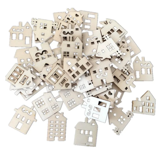 30mm Wooden House Ornaments, 50pcs Unfinished Wood Cutouts for Christmas Crafts Decor