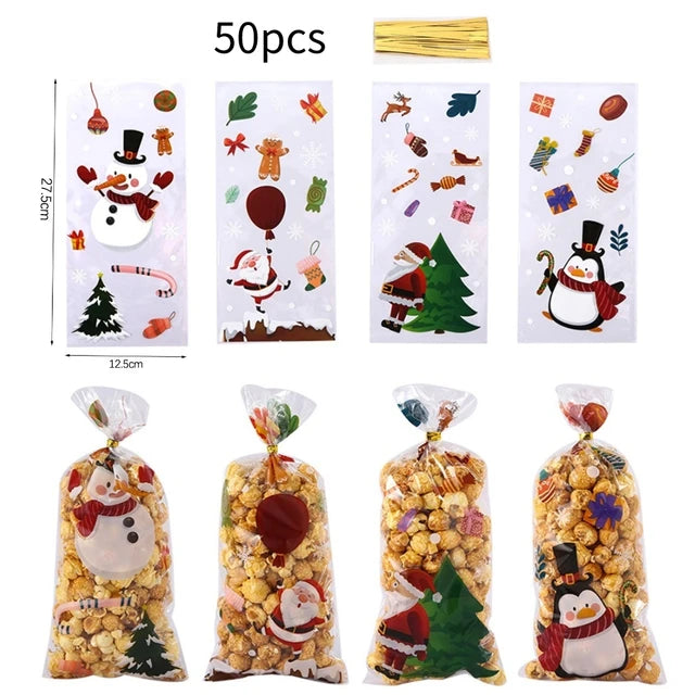 Christmas Candy Bags - Set of 50 Santa Claus and Snowman Gift Bags for Merry Christmas Party Decorations 2023 Xmas Present Cookies Packing