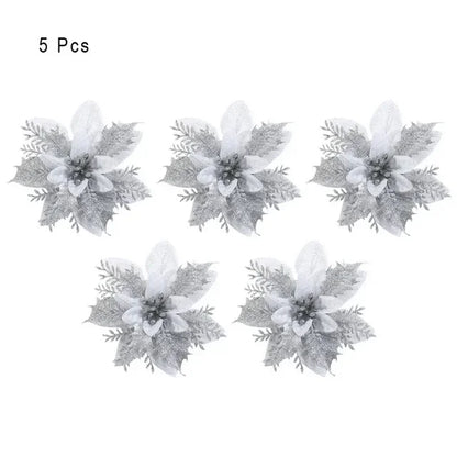 "5pcs Glitter Artificial Flowers Christmas Tree Ornaments for Home Decoration - Xmas 2024 New Year"