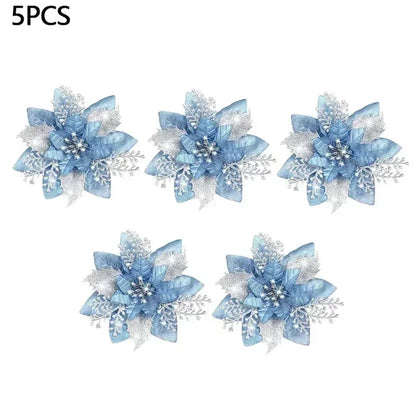 "5pcs Glitter Artificial Flowers Christmas Tree Ornaments for Home Decoration - Xmas 2024 New Year"