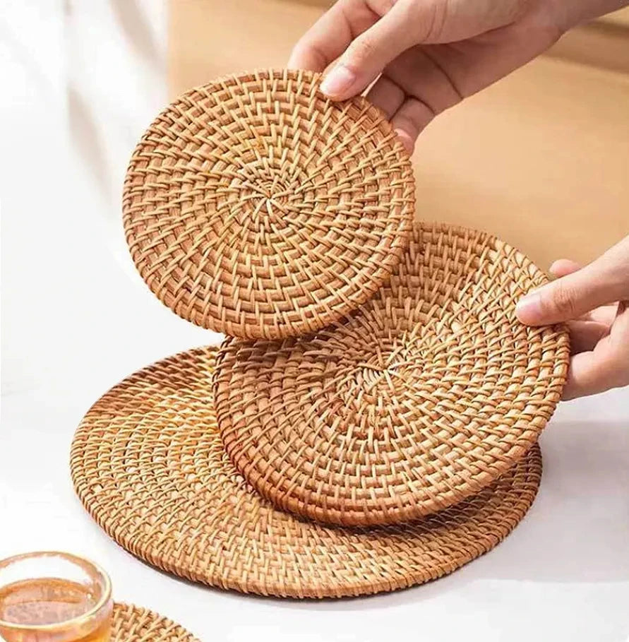 Hand Woven Rattan Cup Mat Coasters - Hot Insulation Placemats - Kitchen Decoration Accessories