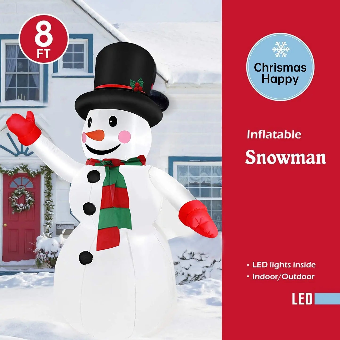8FT Snowman Inflatable with Red Hand Christmas Decorations