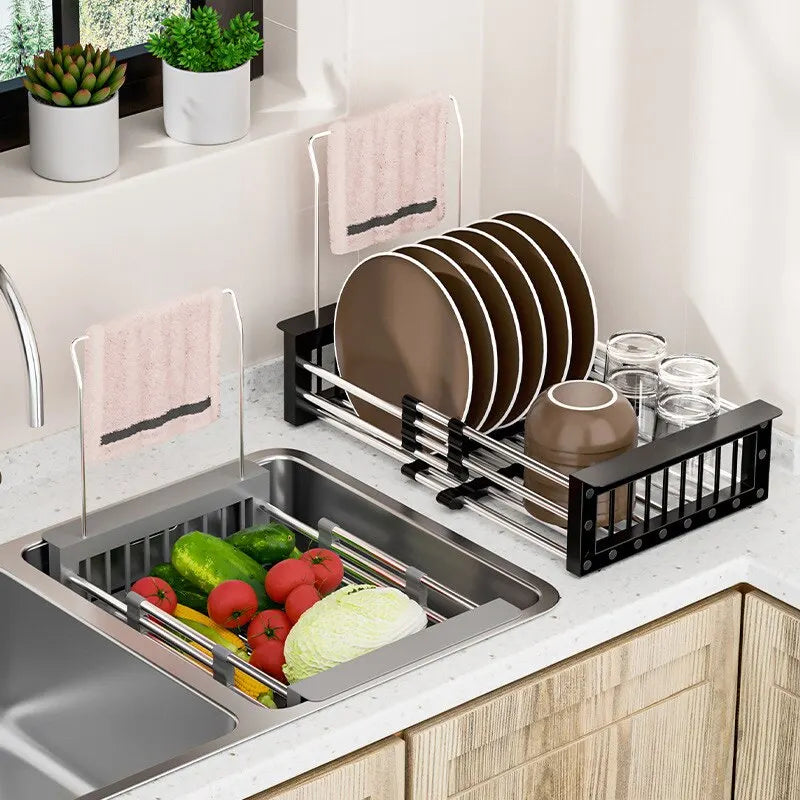 Adjustable Stainless Steel Sink Drainer Rack for Fruits, Vegetables, and Tableware Storage