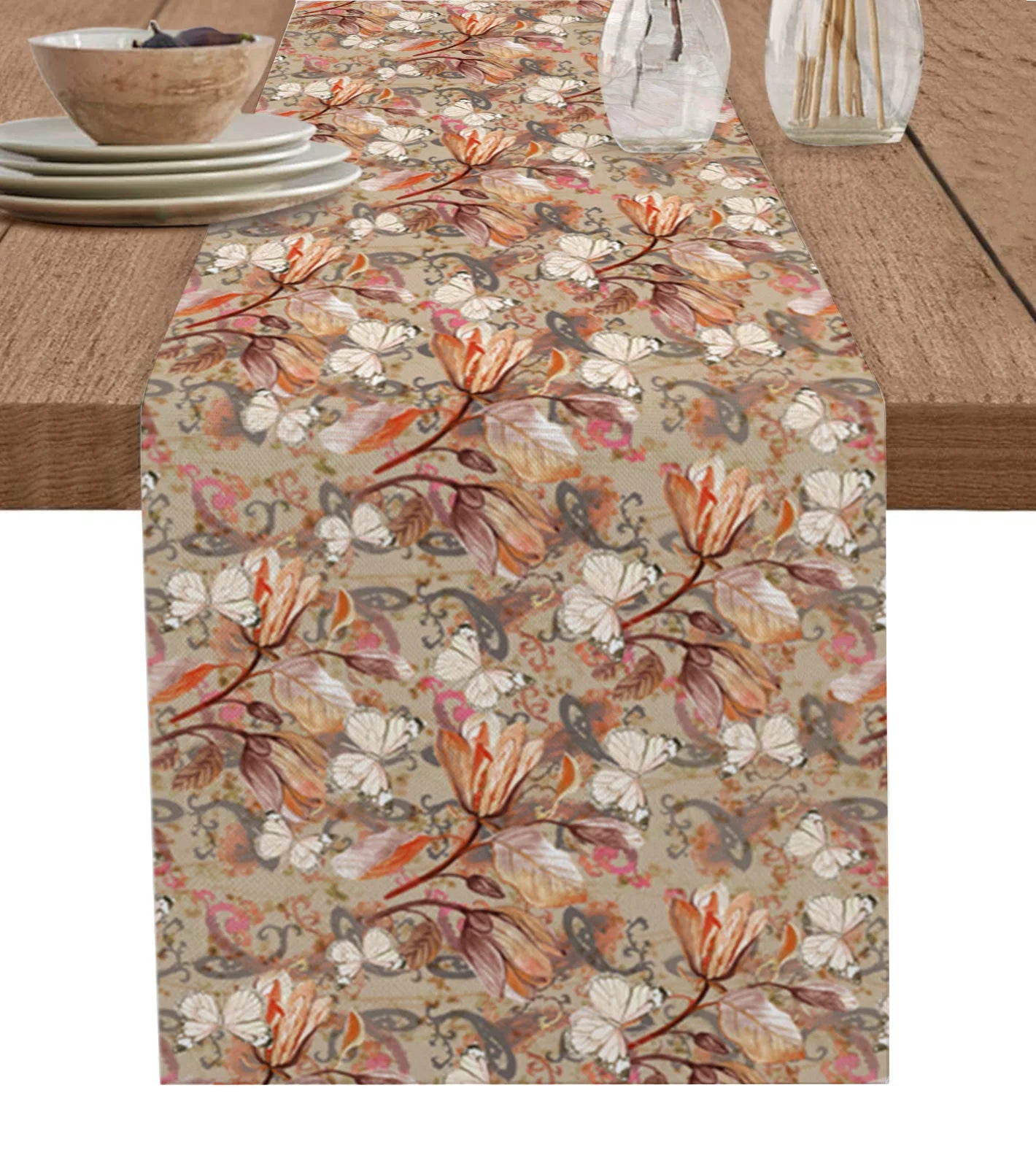 Table runner decoration with antique flower and butterfly leaves, suitable for home decor and dinner table decoration.