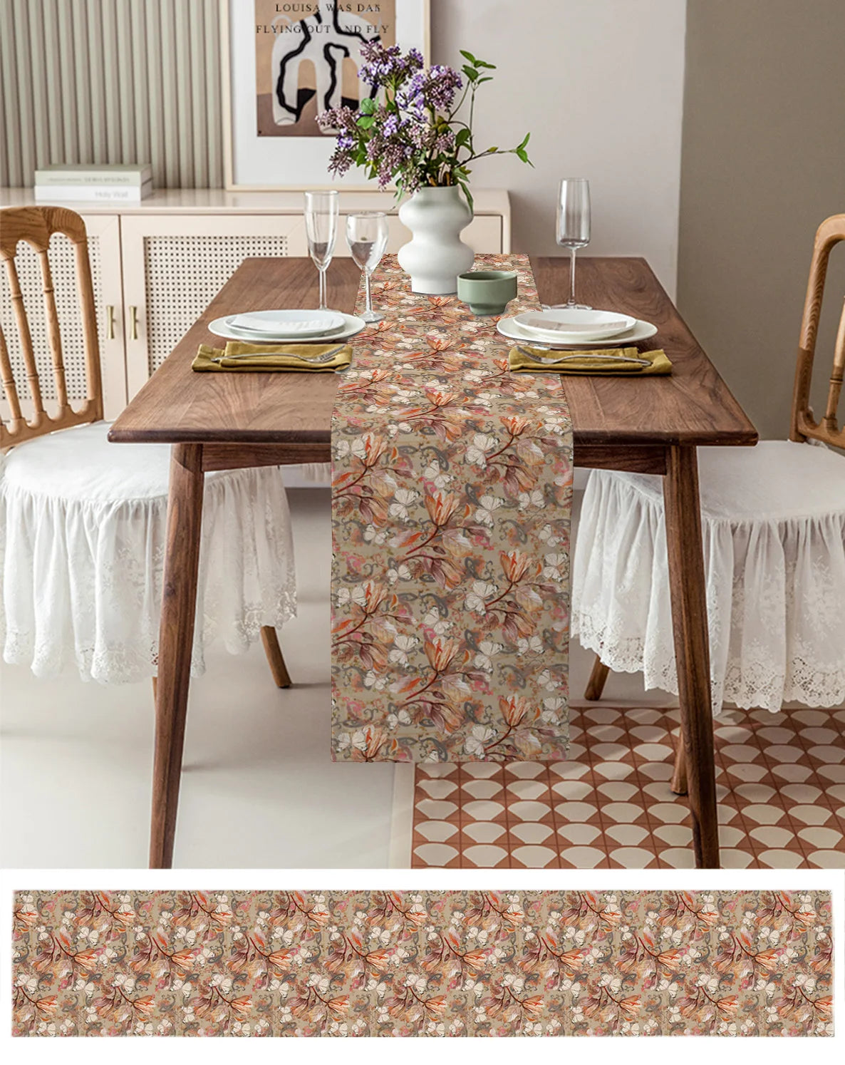 Table runner decoration with antique flower and butterfly leaves, suitable for home decor and dinner table decoration.