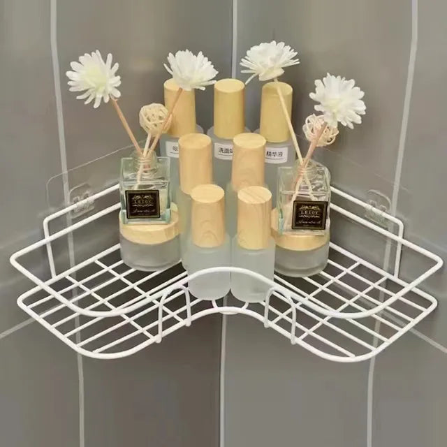 Google Merchant Title: Wall-Mounted Corner Bathroom Shelf Organizer with Shampoo Holder and Cosmetic Rack