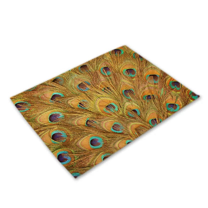 Peacock Feather Print Kitchen Table Mat Candle Coaster Set