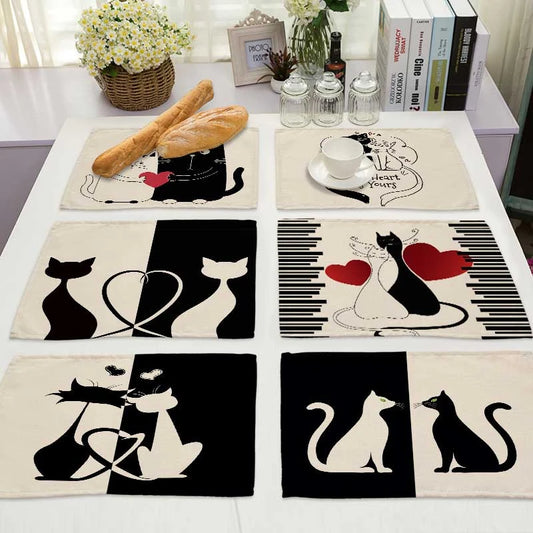 Black and White Cat Pattern Cotton Linen Table Mats Coasters - Home Decor