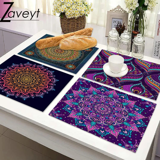 Bohemian Retro Purple Mandala Flower Printed Linen Kitchen Placemat