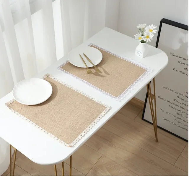Christmas Jute Square Beige Lace Table Mat - Set of 4, Non-slip and Decorative Kitchen Accessories