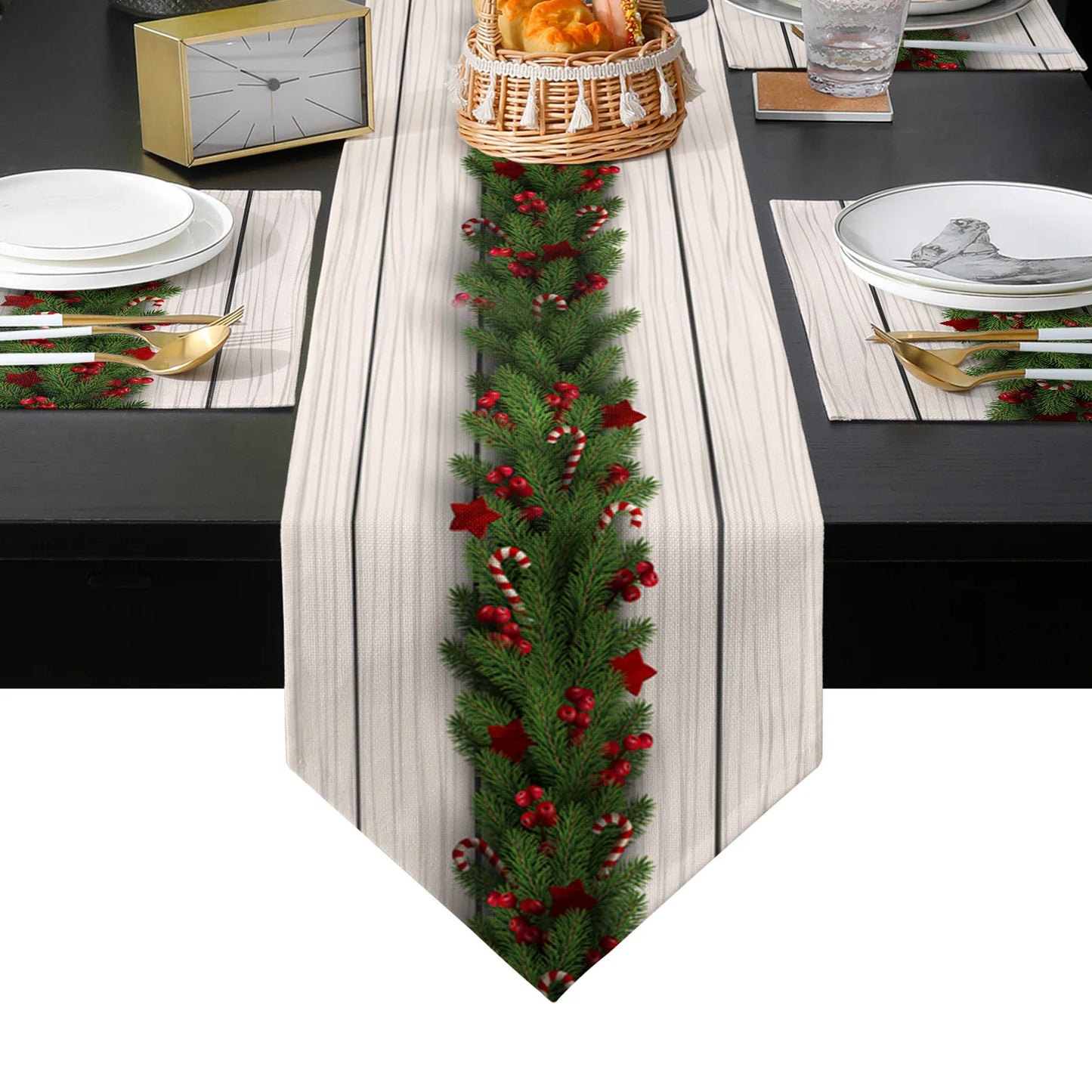 Christmas Pine Needle Candy Table Runner and Placemat Set - Vintage Wood Grain Design - Home Decor Accessories