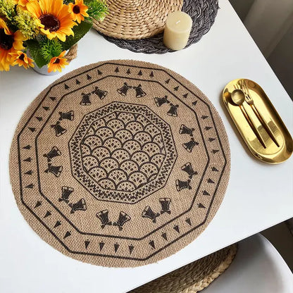 Christmas Retro Jute Placemat Round Printed Woven Dining Table Mat