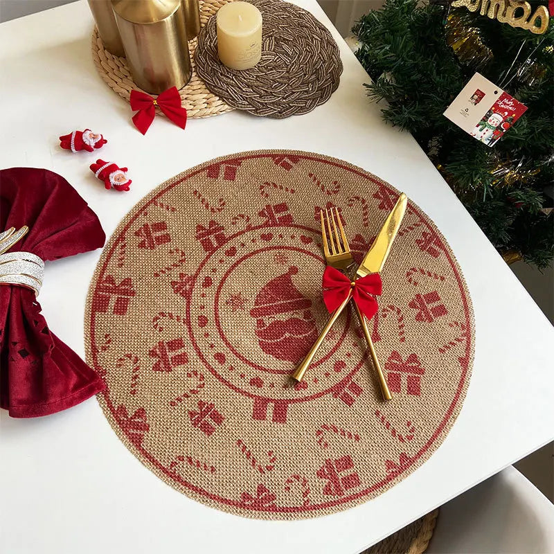 Christmas Retro Jute Placemat Round Printed Woven Dining Table Mat