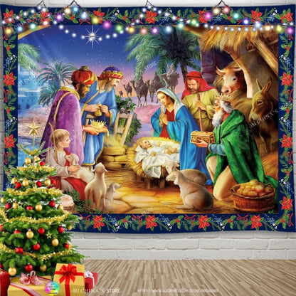 Christmas Tapestry Jesus Birth Manger Barn Wall Hanging
