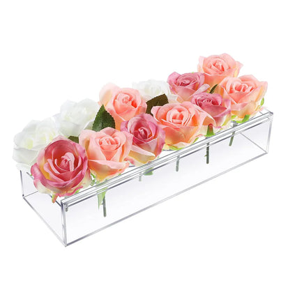 Clear Acrylic Rectangular Floral Vase with Lid - Wedding Party Table Centerpiece - Modern Desktop Home Decor