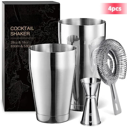 4pcs Boston Shaker Set - Cocktail Mixer with 18oz & 28oz Shaker Tins, Strainer, and Double Measuring Jigger