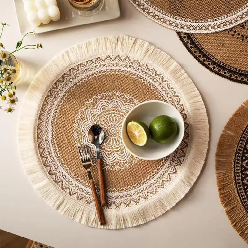 Round Woven Placemats Set - Cotton and Linen Bohemian Table Decoration