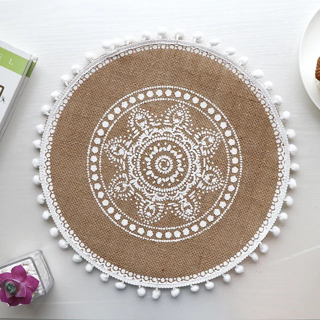 Nordic Style Cotton Linen Embroidery Pad 38cm - Non-slip Kitchen Placemat & Coaster