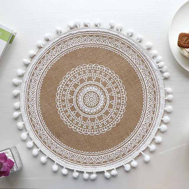 Nordic Style Cotton Linen Embroidery Pad 38cm - Non-slip Kitchen Placemat & Coaster