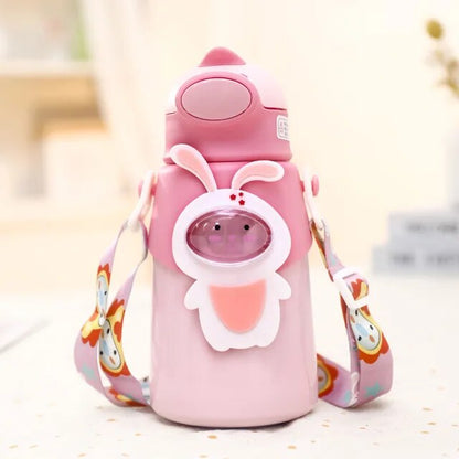 Cute Kids Thermos Bottle with Strap - Stainless Steel Water Bottle Pot Belly for School