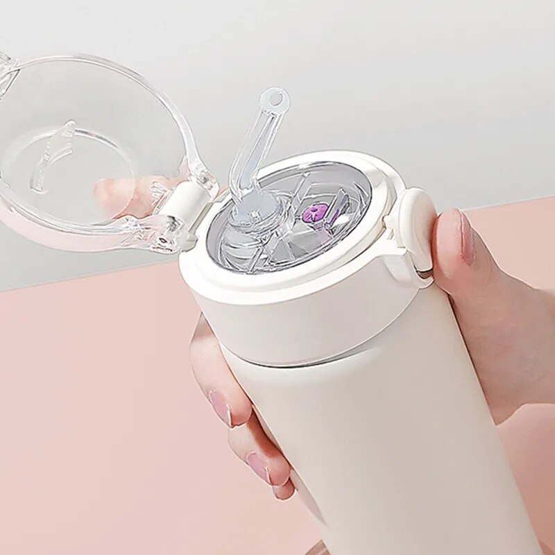 Stainless Steel Vacuum Flask With Straw - Cute Travel Water Bottle