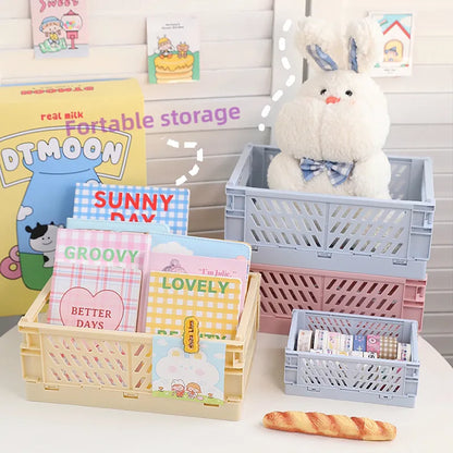 Foldable Plastic Storage Box: An organizer for students, this foldable storage box is perfect for desktop organization, storing stationery, snacks, and other items. It is a convenient accessory for home storage.