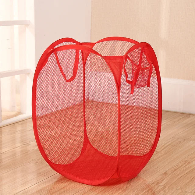 "Folding Laundry Basket Organizer - Bathroom Clothes Mesh Storage Bag Wall Hanging Bucket."