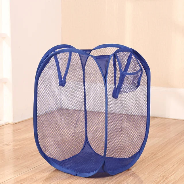 "Folding Laundry Basket Organizer - Bathroom Clothes Mesh Storage Bag Wall Hanging Bucket."