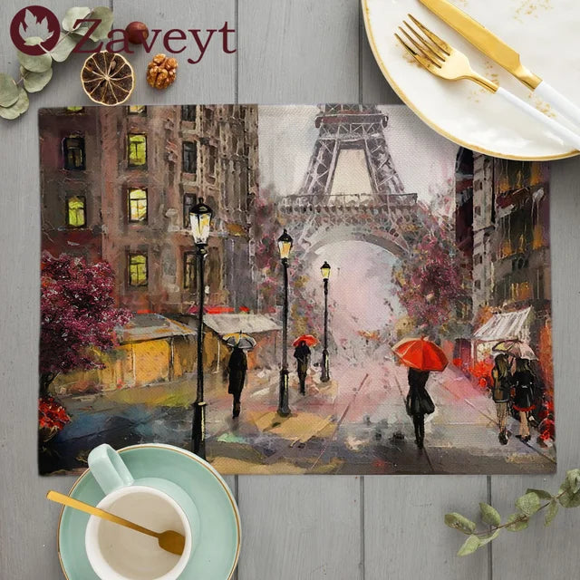 French Street Scene Flower Oil Painting Dining Table Mats - Set of 6